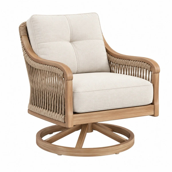 Drehsessel 82 x 79 x 91 cm Holz Seilgeflecht Beige - Loungesessel mit Drehgestell