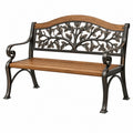 Gartenbank 122 cm Holz Metall Braun Schwarz mit Armlehnen Blattmotiv