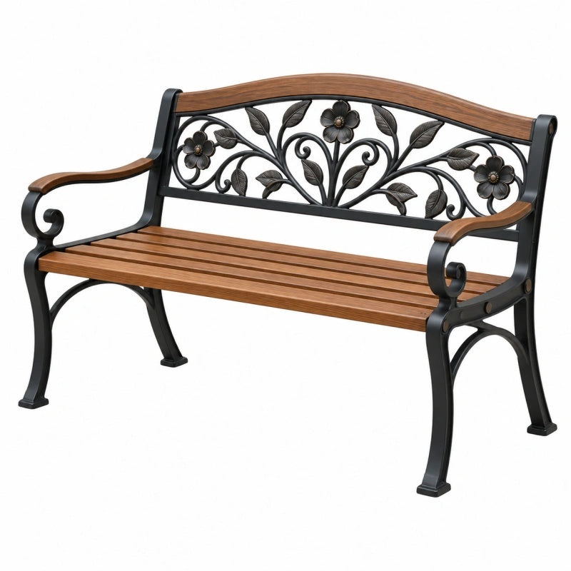 Gartenbank 122 x 61 x 88 cm Metall und Holzoptik Braun Schwarz mit floralem Rückenlehnenmuster