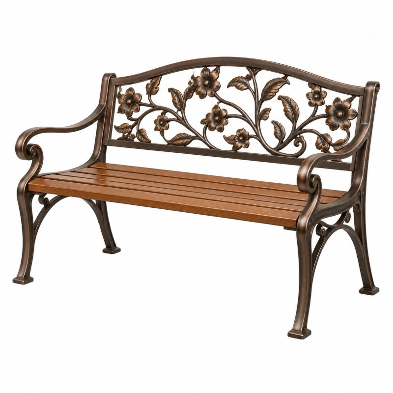 Gartenbank 125 x 60 x 85 cm Metall Braun mit Holzoptik Sitzfläche Blumenornament Klassisch