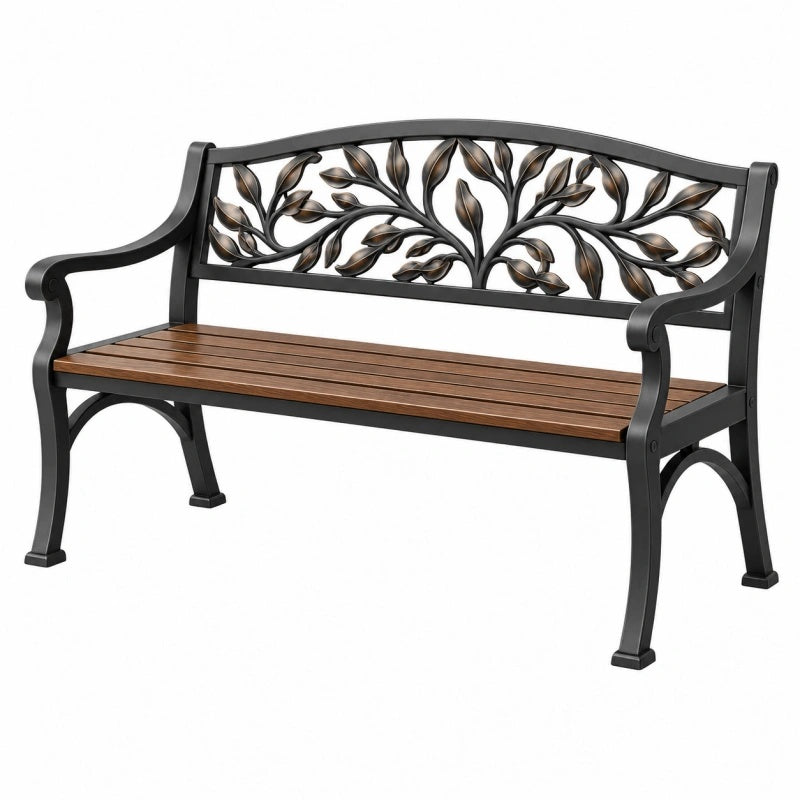 Gartenbank 122 x 63 x 89 cm aus Metall Schwarz Braun mit Blätterdekor