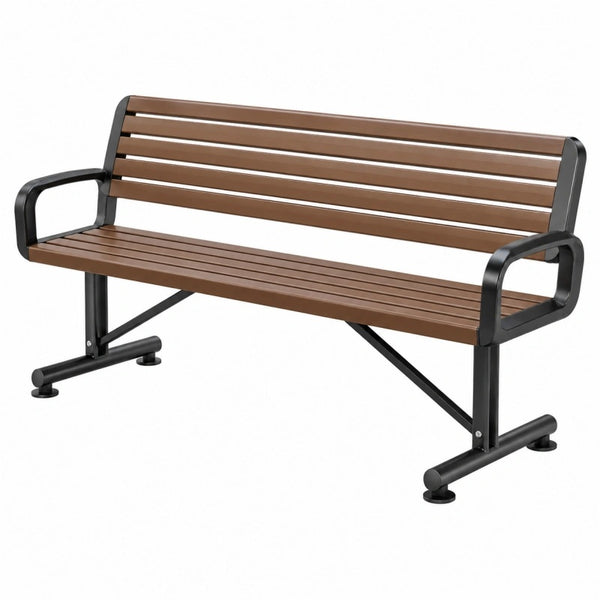 Gartenbank 150 x 60 x 80 cm braune Holzleisten schwarzer Stahlrahmen mit Armlehnen