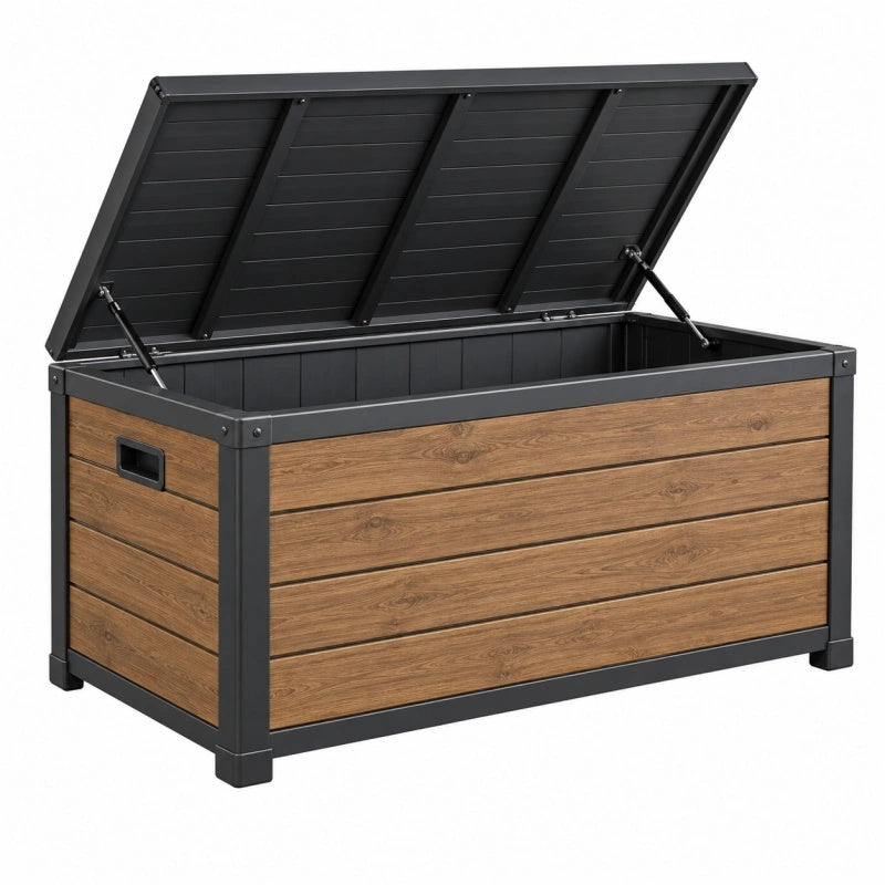 Garten-Aufbewahrungsbox 120 x 60 x 63 cm Kunststoff Holzoptik Braun Schwarz mit Gasdruckfedern