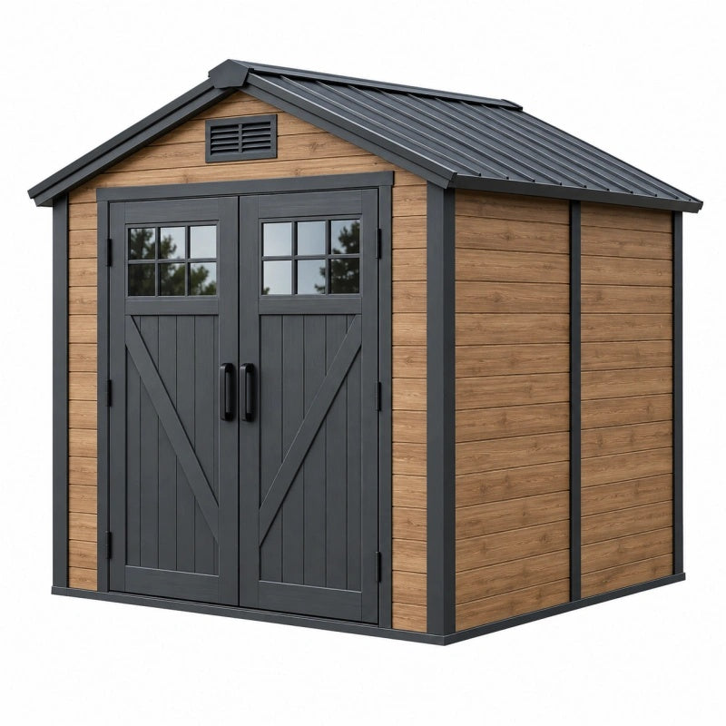 Geräteschuppen 240 x 180 x 220 cm Metall Holzoptik Braun Anthrazit für Garten mit Doppeltür