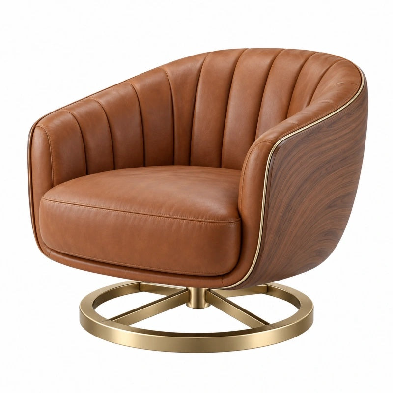 Drehsessel 82 x 80 x 78 cm aus Kunstleder Braun mit Holzoptik und Metallfuß