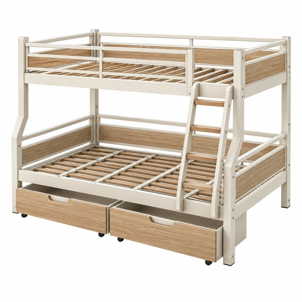 Etagenbett 90 x 200 cm aus Holz in Weiß und Natur mit Leiter und Schubladen